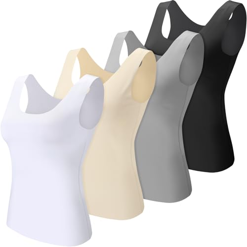 4 Pcs Women's Silky Tank Tops Sleeveless Elastic Cooling Basic Camisoles Ice Silk Casual Cami Tops(White, Nude Color, Black, Gray,Small)
