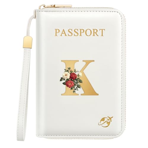Passport Holder for Travel Personalized Passport Holder Initial Letter Rose Flower RFID Blocking Travel Wallets Credit Cards Holder for Women Men White K