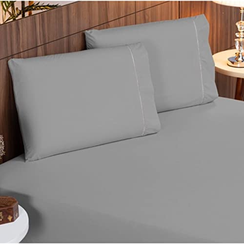 Jogo de Cama Lençol 400 Fios 3 Peças Ponto Palito Casa Dona (Queen, Prata)