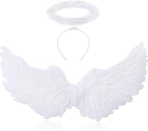 YeahBoom 60CM Engelsflügel Weiß mit Heiligenschein,Federflügel Engel,Engels Flügel Kostüm für Damen,Party Fasching Kostüme Deko,Kostümparty Verkleidung