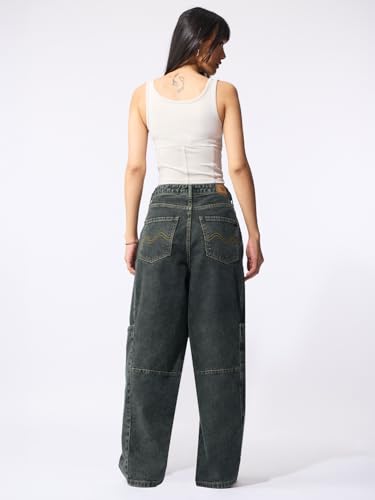 Image of The Souled Store: Barrel-Fit Denim: Women and Girls Washed Cotton Twill Barrel Fit Lightweight Adjustable Rise Everyday Casual Denim Jeans