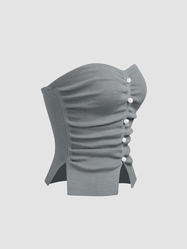 Image of CIDER Faux Pearl Tube Tops for Women Split Hem Knit Crop Y2K Going Out Tops | Cute Ruched Tops, Spring Summer Outfits, Vacation, Concert