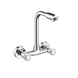360 Grad schwenkbarer Küchenspüle-Mischer, Messing, Doppelloch, wassersparender Wasserhahn, auslaufsicher, heiß, kalt, verstellbarer Einstellknopf, großer gleichmäßiger Wasserfluss, Silber (A)