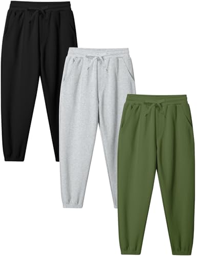 Kissonic 3 Pack Boys Girls Sweatpants Active Joggers Kids Elastic Waist Athletic Jogger Pants with Pockets Drawstring(Black,lightgrey,ArmyGreen-S)
