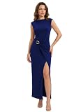 Xiaoliny Vestido Mujer Elegante Manga Corta Cuello Barco Vestidos Largo con Abertura Verano Casual Vestido Maxi Ajustado con Fruncidos Vestidos de Fiesta para Bodas Cóctel Ceremonia Eventos Formales