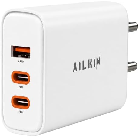 Ailkin 65W GaN Charger | Triple Port High-Speed PD 3.0 & PPS Fast Charging Adapter, 2 x Type C PD Port,1 x USB-A Port | Compatible with iPhone 17/16/15, Laptops, Smartphones, Tablets, MacBooks, iPads