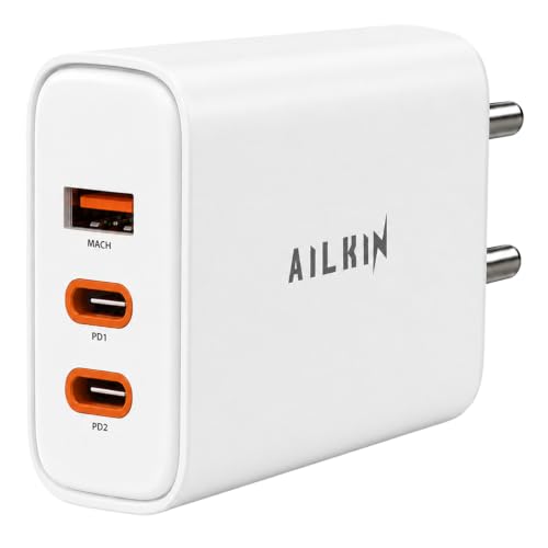 Image of Ailkin 65W GaN Charger | Triple Port High-Speed PD 3.0 & PPS Fast Charging Adapter, 2 x Type C PD Port,1 x USB-A Port | Compatible with iPhone 17 /16 /15, Laptops, Smartphones, Tablets, MacBooks, iPads