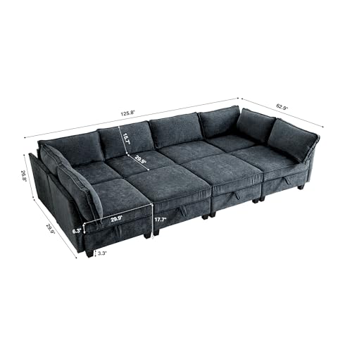 Image of ORRD Oversize Sleeper Modular Sectional Sofa Set, Convertible Couch Bed with Storage, 8 Seater Sofa Modular for Living Room, Office (Blue Grey)