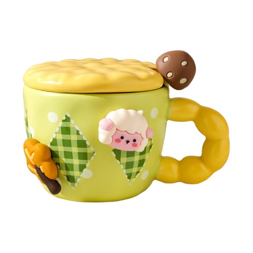 HUMOCHUSON Tazas Desayuno Taza De Cerámica Magnética De Cordero De 450 Ml Con Tapa Y Cuchara. Apto Para Microondas.