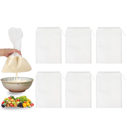6PCS Reusable Straining Bag, 25 x 35cm Cheese Cloth Drawstring Bags Nylon Strainer Bag Muslin Cloths for Straining, for Nut Milk, Soy Milk, Grape Juice, Jelly,Yogurt, Food Straining
