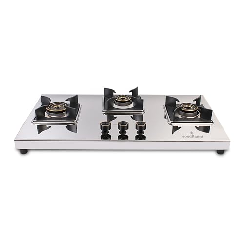 Image of goodflame Aravath 3 Burner Stainless Steel Gas Stove for Kitchen | Heavy 2MM SS Body | Brass Burners | 2 Year Warranty | ISI Certified | Manual Ignition | LPG Ready and PNG Compatible, (Silver)