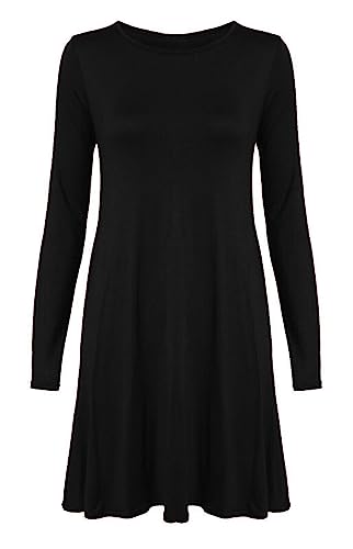 Image of LUXFAB Womens Plain Long Sleeve Stretch A Line Skater Dress – Flared Swing Tunic Top – Plus Size Casual T-Shirt Dress UK Sizes 8-26 Lightweight Stretch Black