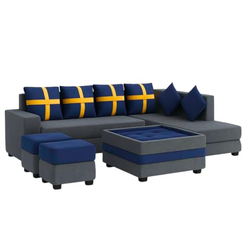 Image of FURNY Premium Arora 8 Seater Fabric RHS L Shape Sofa with 2 Ottoman + 1 Centre Table Ottoman Set for Living Room | with Velvet Fabric | in Dark Blue & Dark Grey Color | Durable Co