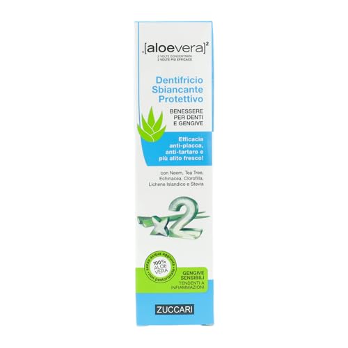 Zuccari AloeVera2 Dentifricio Stevia, 100ml, Con Aloe Vera, Clorofilla, Tea Tree ed Echinacea, Azione Sbiancante e Antibatterica, Senza Fluoro, Alito Fresco e Gusto Naturale alla Stevia