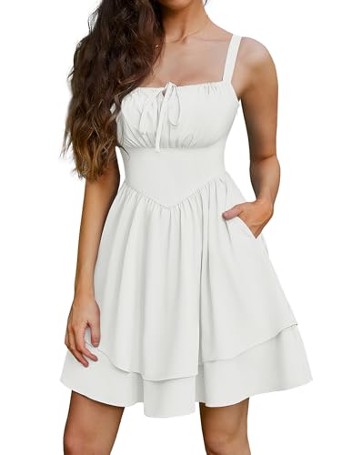 SCARLET DARKNESS Robe d'été courte victorienne pour femme avec imprimé élégant spaghetti et taille étroite, Blanc, XL