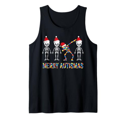 Autism Awareness Gifts Xmas Merry Autismas Skeleton Dabbing Tank Top