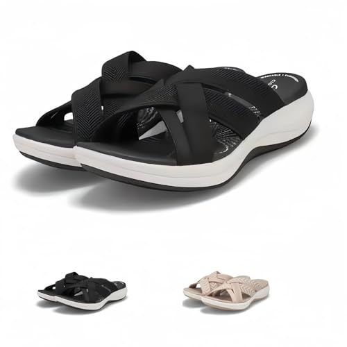 Orthopedic Sandals for Women Wide Width, Arch Support Shoes for Women,Comfortable Elastic Large Size Thick Soled Slippers (Black,9-9.5)