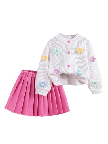 Image of WDIRARA Toddler Girl's 2 Piece Outfits 3D Flower Button Down Cardigan and Pleated Aline Skirts Set