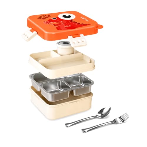 Image of MILTON Dino Pop Bento Stainless Steel Lunch Box, 3 Compartments, 4-Side Lock, with Tray, Spoon, Fork & Container for School, Office, Travel, BPA Free, 1120 ml + 70 ml, Peach