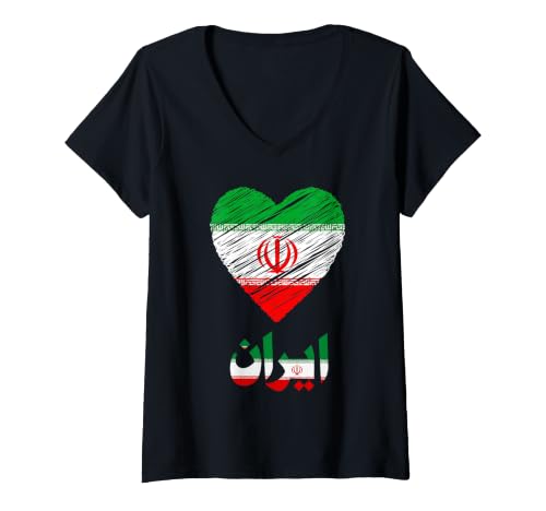 Image of Women's Iran Scribble Heart Flag Design Graphic V-Neck T-Shirt