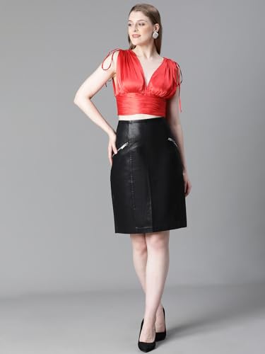 Image of oxolloxo Women Solid V-Neck Elasticated Tie-Up Satin Crop Top