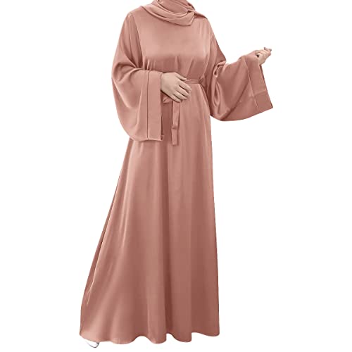 Vestido largo de raso para mujer, con mangas de obispo, vestido largo de Oriente Medio, bata musulmana, Rosa02., S