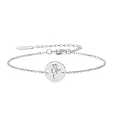 Silver Birth Flower Bracelet Engraved Floral Dainty Bracelets Silver Finish Disc Charm Flower Charm