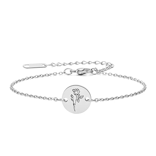 Silver Birth Flower Bracelet Engraved Floral Dainty Bracelets Silver Finish Disc Charm Flower Charm Personalized Jewelry #TOP8