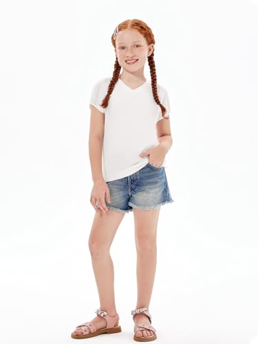 Image of Haloumoning Girls V Neck T-Shirts Kids Summer Swiss Dot Short Sleeve Tops Cute Fashion Tees 5-14 Years