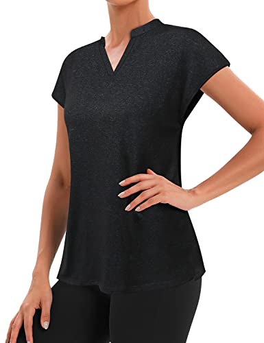 Miss Fortune Women's Polo Workout Tops Short Sleeve V Neck Casual Summer Shirts For Women Gym Golf Work Spring Loose Fit Top A Black #TOP4