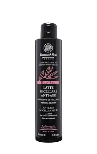 Domus Olea Toscana - Leche micelar antiedad - Limpiador desmaquillante facial delicado para maquillaje ligero o impermeable, para pieles normales o tendencias secas