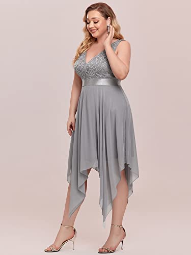Image of Ever-Pretty Plus Women's V Neck Sleeveless Asymmetric Hem Lace Chiffon Short Summer Plus Size Wedding Guest Dresses Grey US14