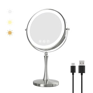 Nicesail 9″ Large Lighted Makeup Mirror, 1X/10X Magnifying Vanity Mirror with 3 Colors Dimmable LED Lighting, 360°Rotation Double Sided Tabletop Mirror for Desk Cosmetic Mirror, Polished Nickel