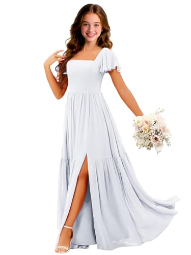 Chiffon Flower Girls Dresses Slit Ruffle Junior Bridesmaid Dress Square Neck Girls Wedding Party Dress