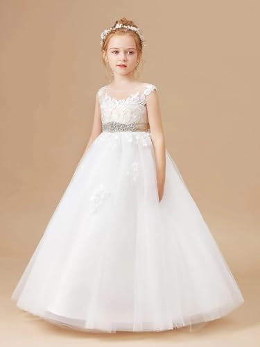MCieloLuna Lace Applique Tulle Flower Girl Dresses for Wedding Crystal Belt White Floor Length Pageant Princess Dress3