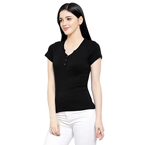 Image of Women Solid Slim Fit Henley V-Neck Button Front Short Sleeve Casual Cotton Top