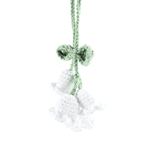 Image of Mirror Hanging Car Accessories Cute Little Lily of The Valley, Hand Knitted Crochet Flower Decor for Mirror, Rear View Mirrors,Key Chains (White)