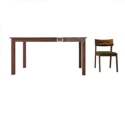 Image of DRIFTINGWOOD Liana Solid Sheesham Wood Dining Table 6 Seater | Wooden Six Seater Dinning Table with Green Cushion Chairs | Dinner Table 6 Seater | Dining Room Sets | Self Assembly Natural Finish