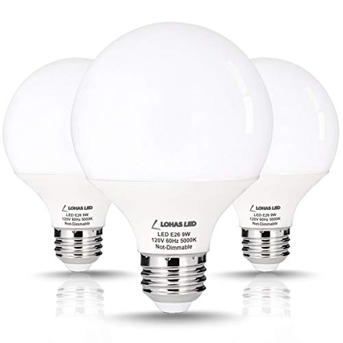 LOHAS G25 LED Globe Light Bulbs, 9W Vanity Round Light Bulb (60W Equivalent) 800LM, E26 Base Daylight 5000K Globe Light Bulbs, G25 LED for Makeup Mirror, Bathroom, Dressing Room, Not-Dimmable, 3 Pack