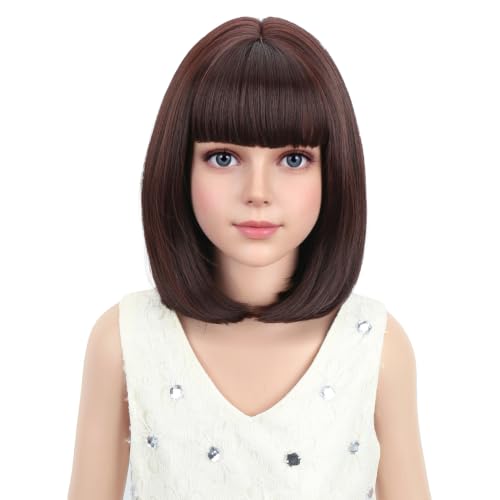 PATTNIUM Kids Brown Wig with Bangs Child Short Brown Bob Wig for Girls Cosplay Party Synthetic Rose Net Daily Wear