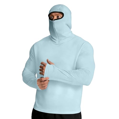 Men's UPF 50+ Sun Protection Hooded Shirt with Face Cover Summer Long Sleeve Lightweight Rash Guard Shirts Tops