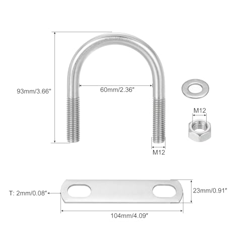 Image of uxcell Round U-Bolts, 8 Sets 60mm(2.36 inch) Inner Width 93mm Length M12 304 Stainless Steel U Clamp Bolt with Nuts and Plates, for Boat Trailer
