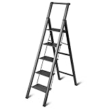 AKARY 5 Step Ladder with Handrails, 330 lbs Folding Step Stool, Lightweight Anti-Slip Wide Pedal for Home Kitchen Pantry Office, Black