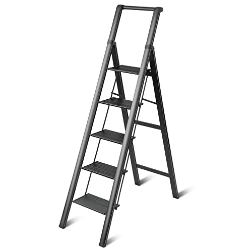 AKARY 5 Step Ladder with Handrails, 330 lbs Folding Step Stool, Lightweight Anti-Slip Wide Pedal for Home Kitchen Pantry Office, Black