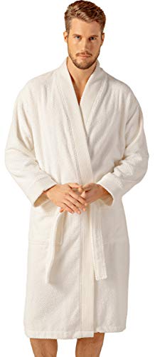 Turkish Cotton Terry Unisex Bathrobe - Kimono Cotton Terry Cloth Robe - Long Textured, Rice Weave Trim Bathrobe (Small, White/Kimono)