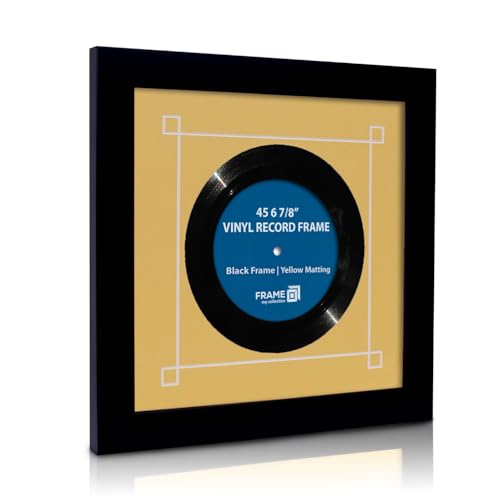 Frame My Collection 45 RPM Vinyl Record Frame | Wall Mounted Solid Wood Record Display Frame for Single 6 7/8-Inch Vinyl with Yellow Mat, Black Trim, and Real UV Glass | 12