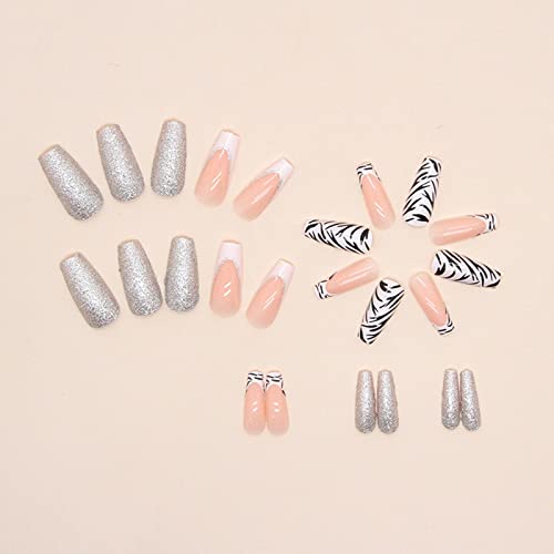 Medium Fake Nails French Tip Press On Nails Coffin Shape False Nails With Zebra Print Designs Silver Glitter Acrylic Nails Full Cover Artificial Nails Glossy Medium Stick On Nails For Women And Girls #TOP1