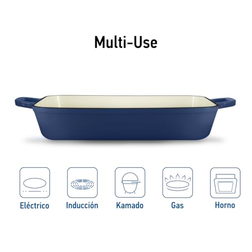 Cazuela rectangular de hierro fundido esmaltado azul de 3,2 litros para lasaña y horno 3