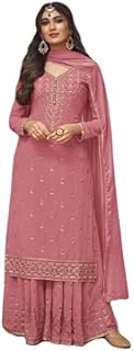Prija Collection Ready to Wear Indian Pakistani Wedding Wear Party Wear Designer Palazzo Straight Salwar Suit for Womens (Pink, Plus-1X)