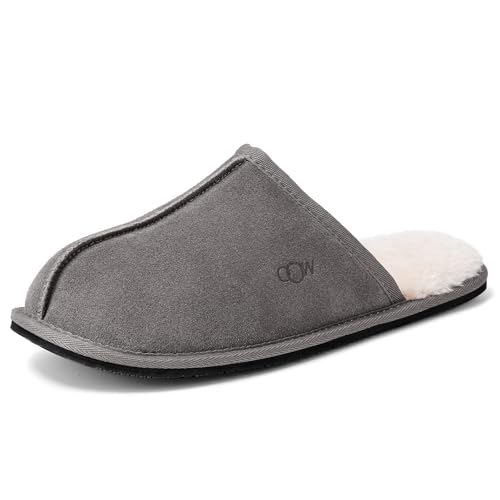 OOW Mens Slippers Genuine Suede House Slippers for Men Cozy Fuzzy Memory Foam Shoes Outdoor Non-Slip Fall Winter Footwear
